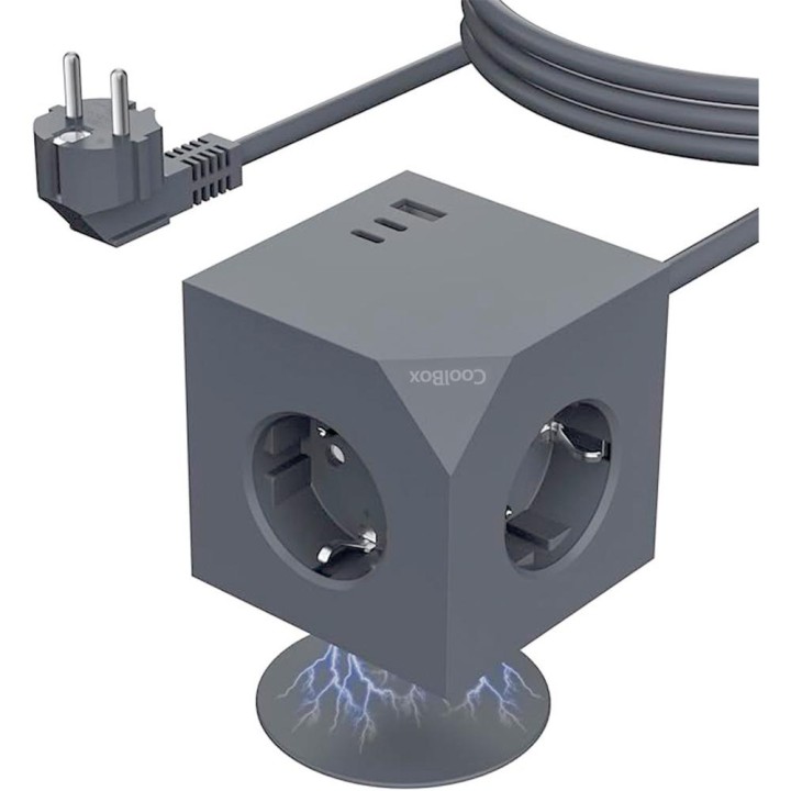 Base de enchufes coolbox cubik magnet 3 enchufes con carga usb c+a cable ac integrado