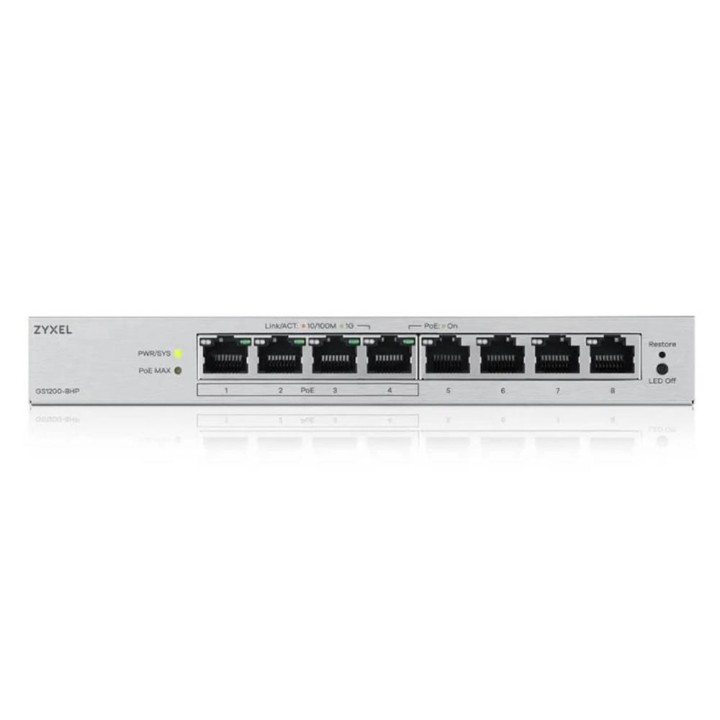 Switch 8 puertos zyxel gs1200 - 8hpv3 8xgb (4xpoe+) 68w