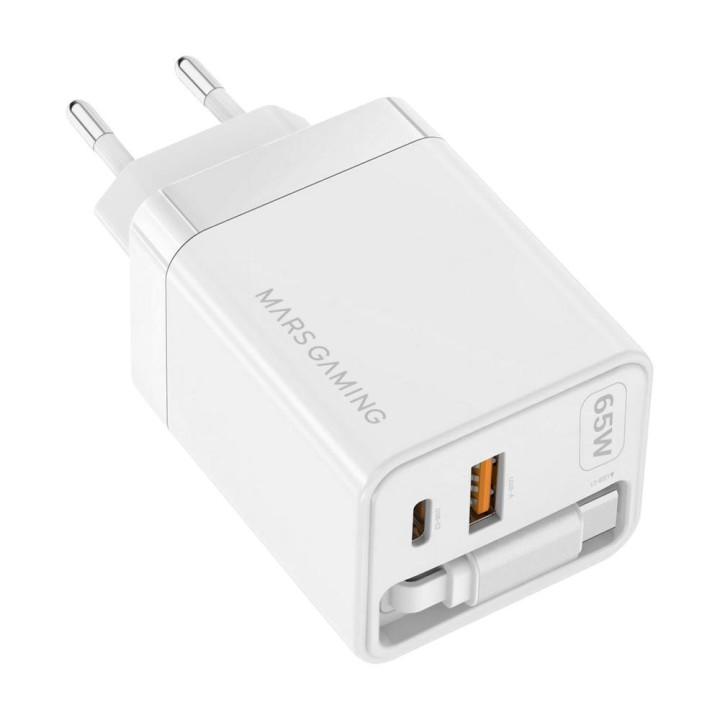 Cargador de pared mars gaming md - gan65rw 65w 1x usb tipo c 1 x usb tipo a cable retractil usb tipo c blanco
