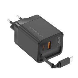 Cargador de pared mars gaming md - gan65r 65w 1x usb tipo c 1 x usb tipo a cable retractil usb tipo c negro